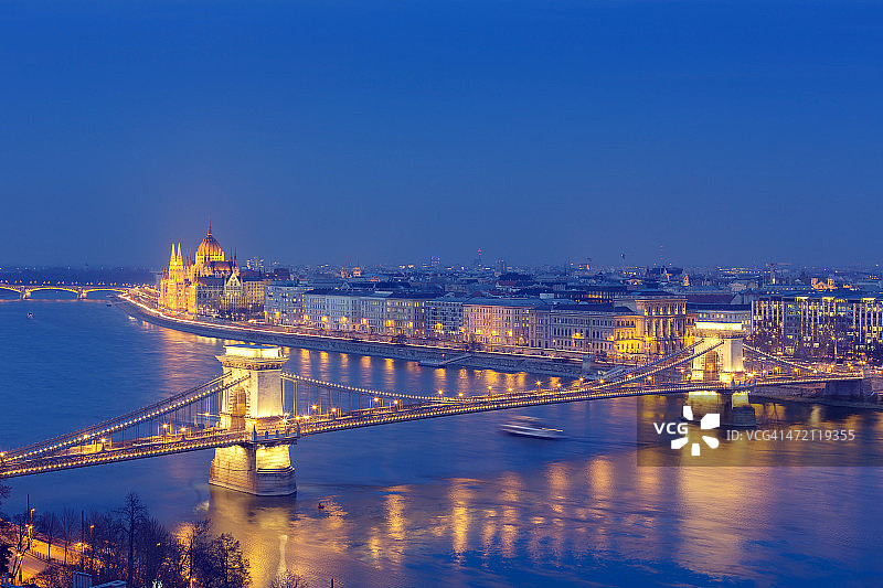 布达佩斯城市风光：链桥与国会大厦图片素材