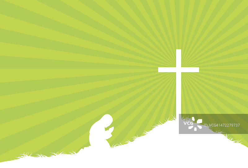 跪在十字架前图片素材