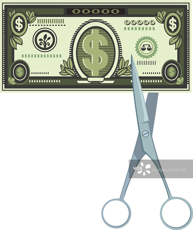 剪刀剪美元，示意预算削减图片素材