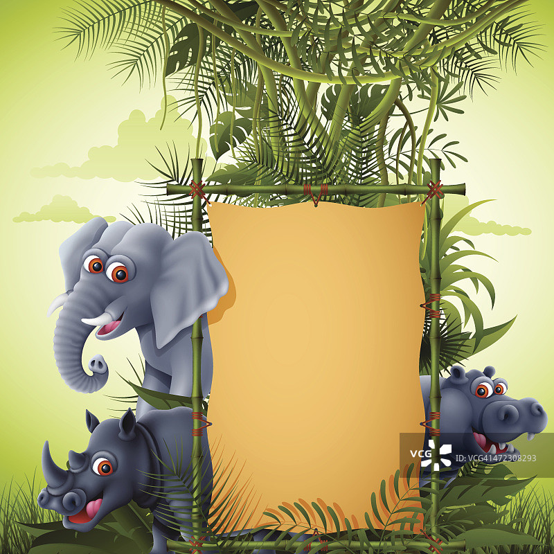 带有横幅和大型哺乳动物的丛林图片素材