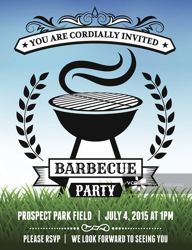 蓝色天空背景的野餐烧烤派对邀请函图片素材