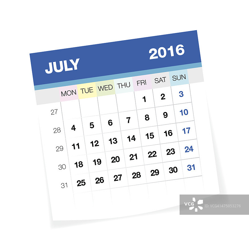 2016年7月欧洲日历图片素材