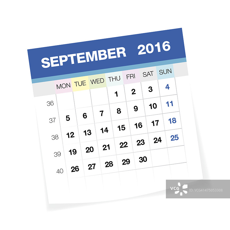 2016年9月欧洲日历图片素材