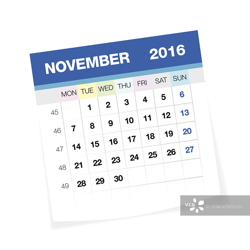 2016年11月欧洲日历图片素材