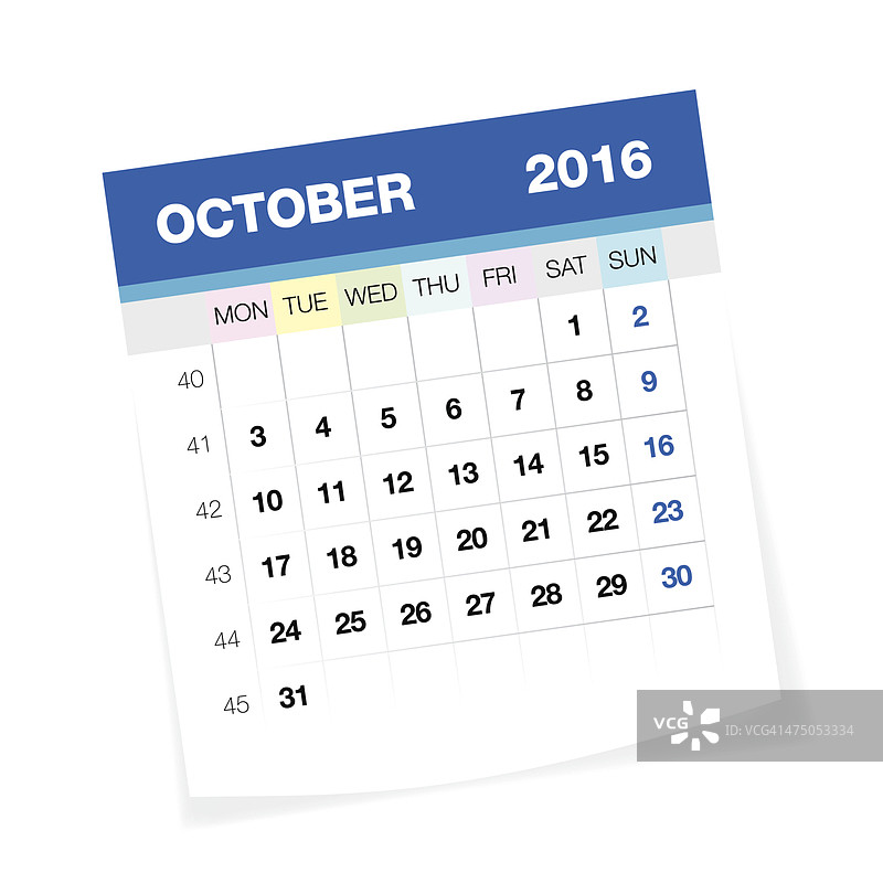 2016年10月欧洲日历图片素材