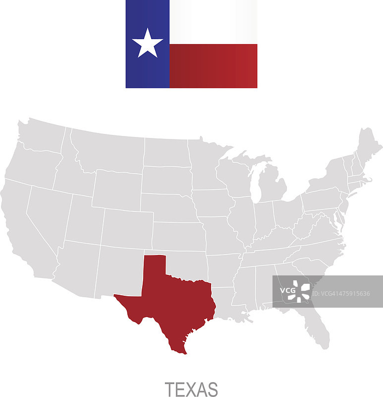 美国地图上的德克萨斯州旗帜和位置图片素材