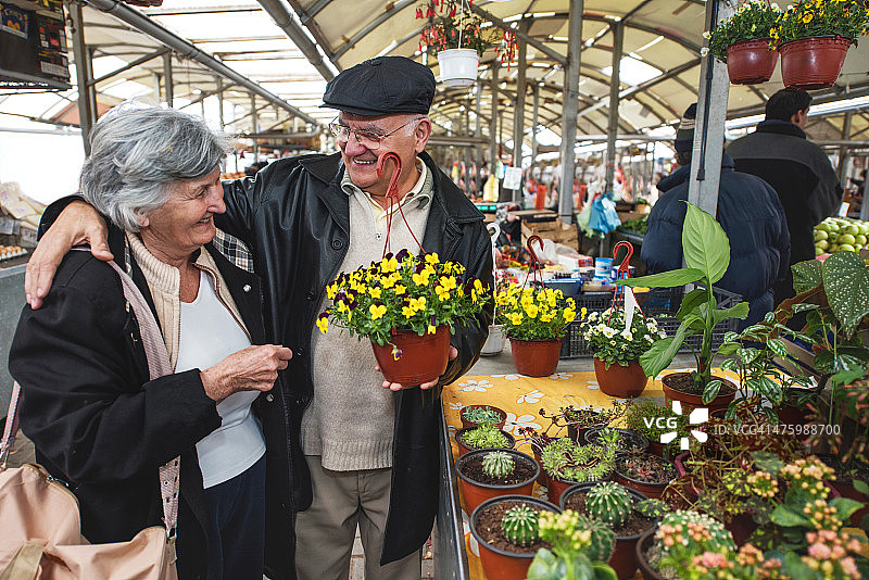 在市场选购鲜花的年长夫妇拥抱在一起图片素材