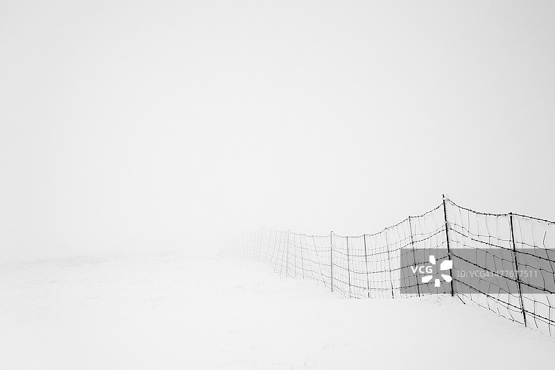 消失在雾中的雪覆盖的栅栏图片素材