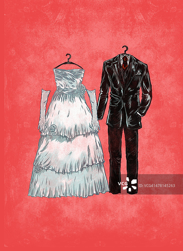 西装和婚纱在红色背景上的示意图图片素材