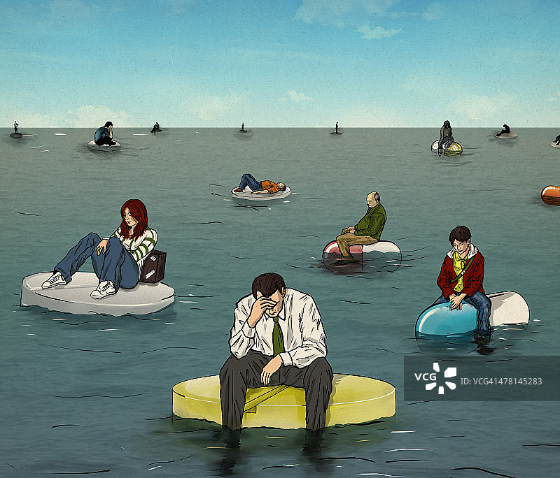 坐在药丸上的人代表健康问题的插图图片素材