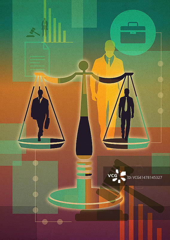 天平上代表法律问题的商务人士拼贴插画图片素材
