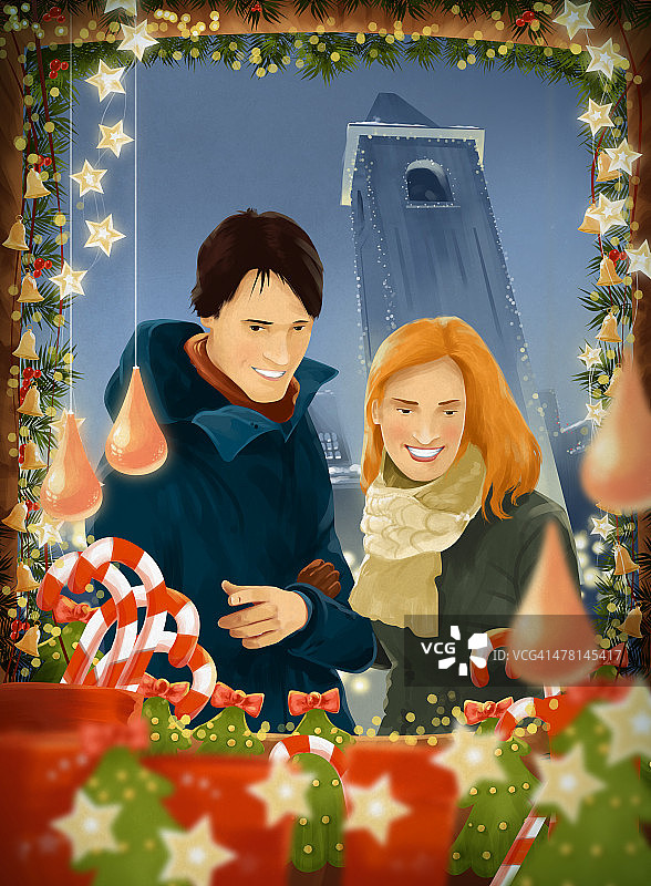 快乐情侣购买圣诞装饰品插画图片素材