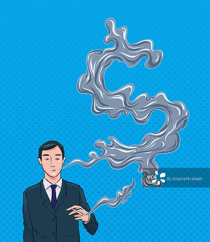 商人吐出美元符号烟雾，象征商业头脑示意图图片素材