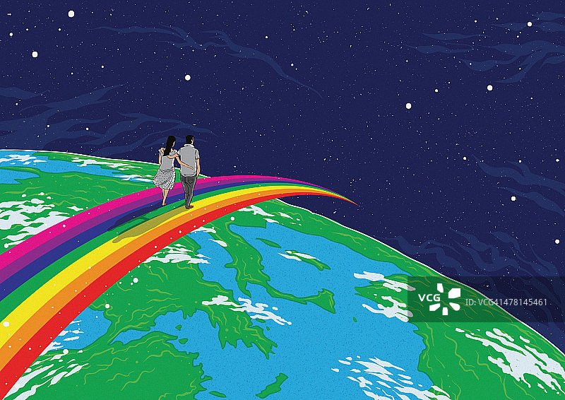 情侣在地球上的彩虹上行走，代表世界巡回旅行的示意图图片素材