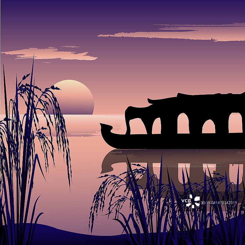 船屋、回水和日出背景的轮廓图片素材