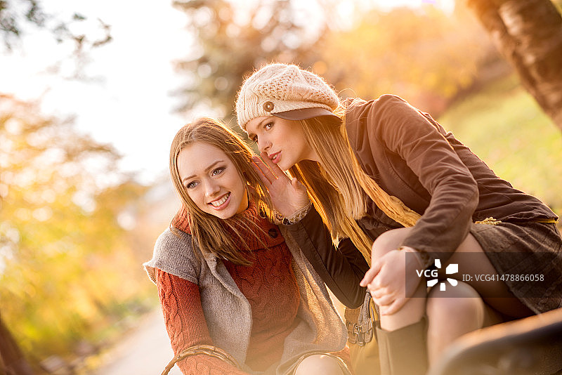 两个女孩在秋天的公园里聊天图片素材