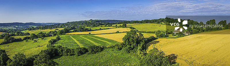 田园诗般的乡村景观：绿色夏季田野和金色作物航拍全景图片素材
