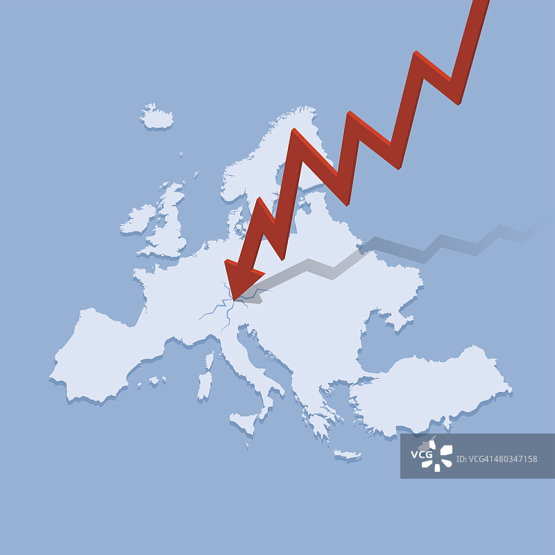 蓝色背景上的箭头撞击欧洲地图图片素材