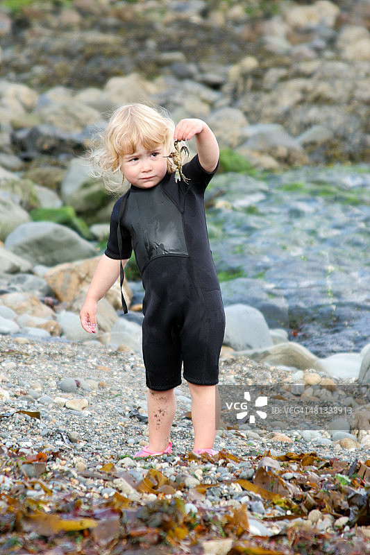 少女在岩石水池中发现螃蟹图片素材