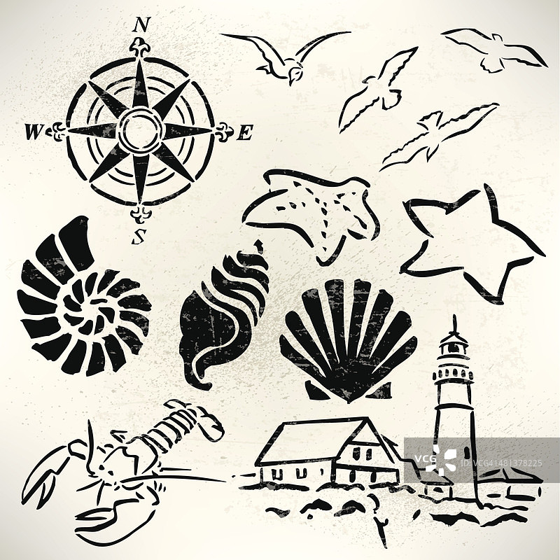 海滩物品：灯塔、海螺、龙虾、海鸥、指南针图片素材