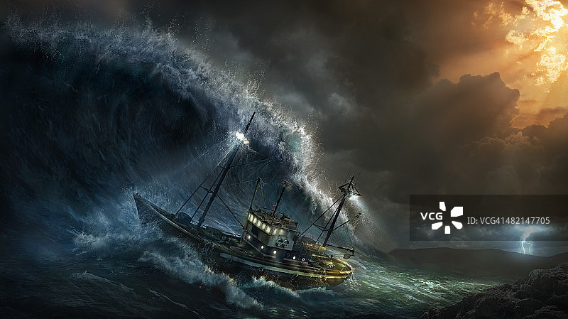 暴风雨中颠簸的船图片素材