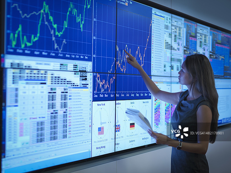 在图形屏幕上准备演示文稿的女商人图片素材