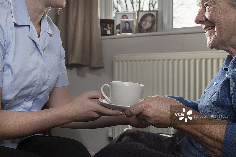 个人护理助理给老年妇女递茶图片素材