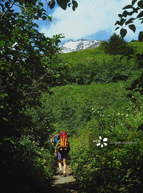 阿拉斯加阿利耶斯卡鸦溪通道徒步者后视图图片素材