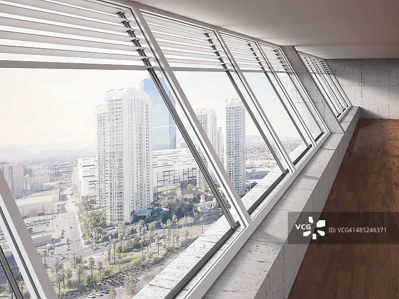 在高层建筑的窗户向外看，3D渲染图片素材