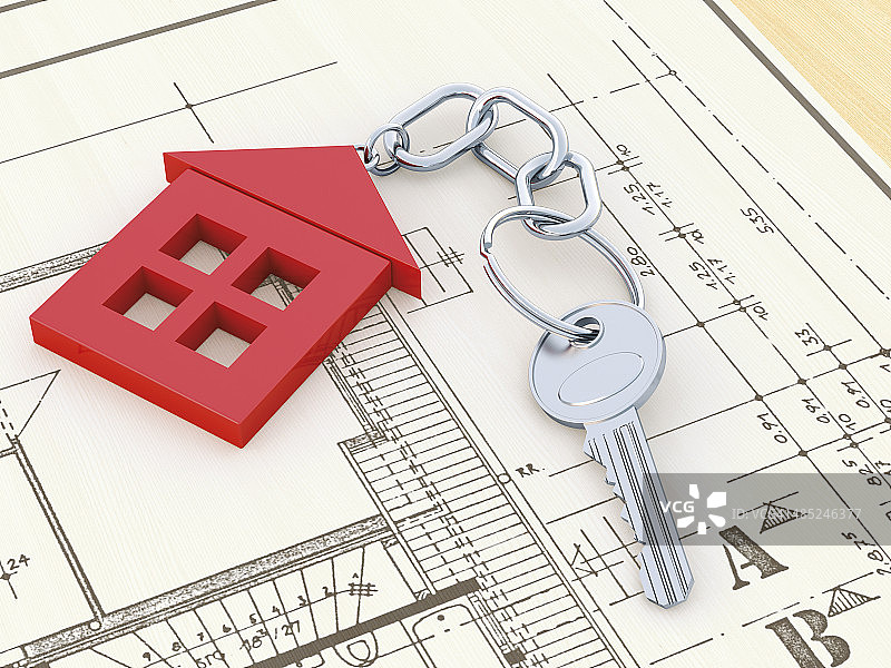 施工图纸上的红色房屋钥匙链，3D渲染图片素材
