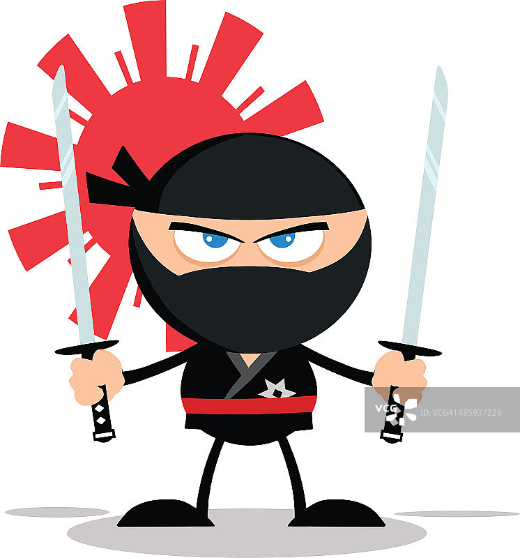 拥有两把武士刀的忍者战士扁平设计图片素材