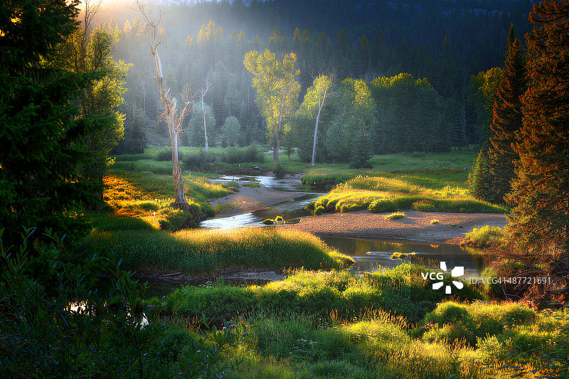 爱达荷州麦考尔附近草地和小溪上的日出图片素材