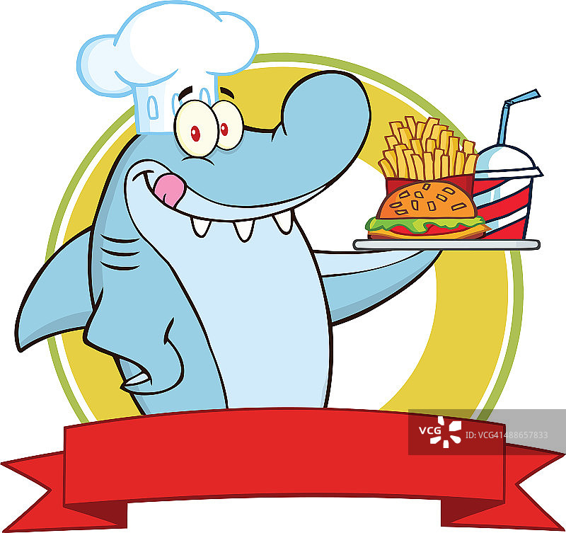 手持快餐盘的厨师鲨鱼Logo图片素材