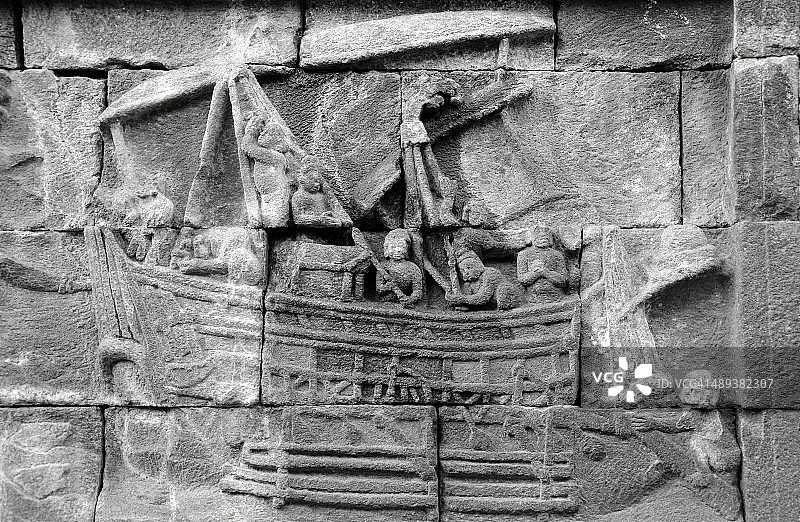 婆罗浮屠寺庙的帆船浮雕图片素材