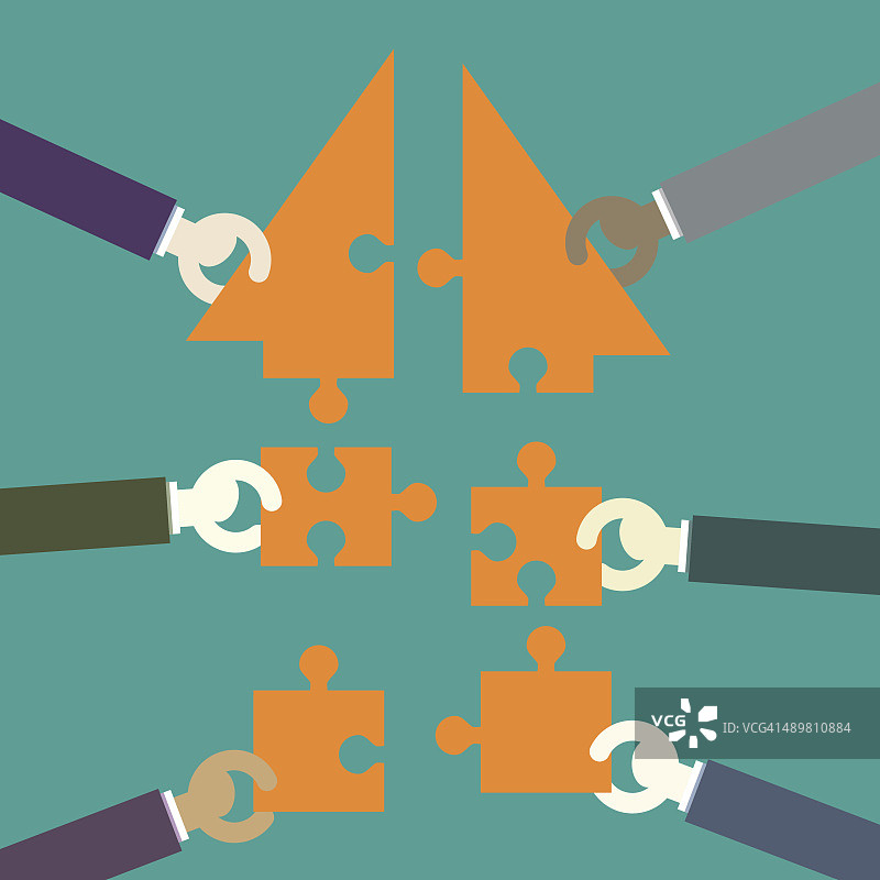 商人搭建一个箭头形状的建筑拼图图片素材