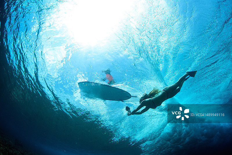 趴板冲浪女孩从水下拍摄冲浪者图片素材