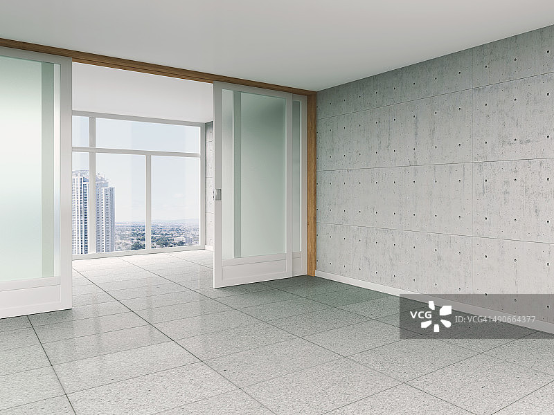 带有滑动门和混凝土墙的空房间，3D渲染图片素材