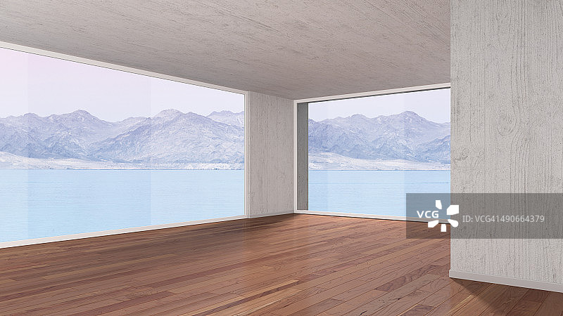 带镶木地板的空房间，3D渲染图片素材