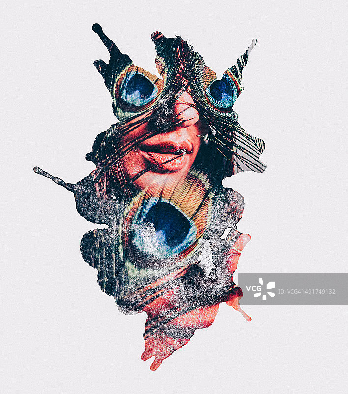 带有孔雀羽毛的女性艺术时尚图像图片素材