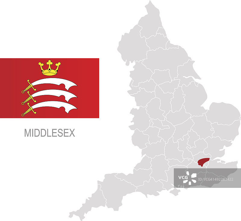 米德尔塞克斯郡旗帜及其在英格兰地图上的位置图片素材