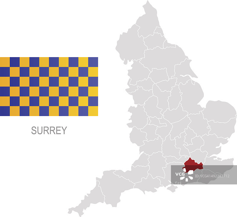 英格兰地图上萨里郡的旗帜和位置图片素材