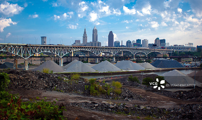 从工业区看克利夫兰天际线图片素材