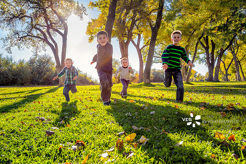 秋天公园里奔跑的四兄弟图片素材