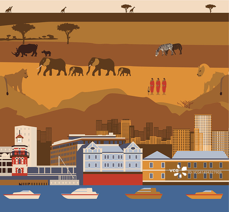 南非开普敦海滨、野生动物和部落人民蒙太奇图片素材