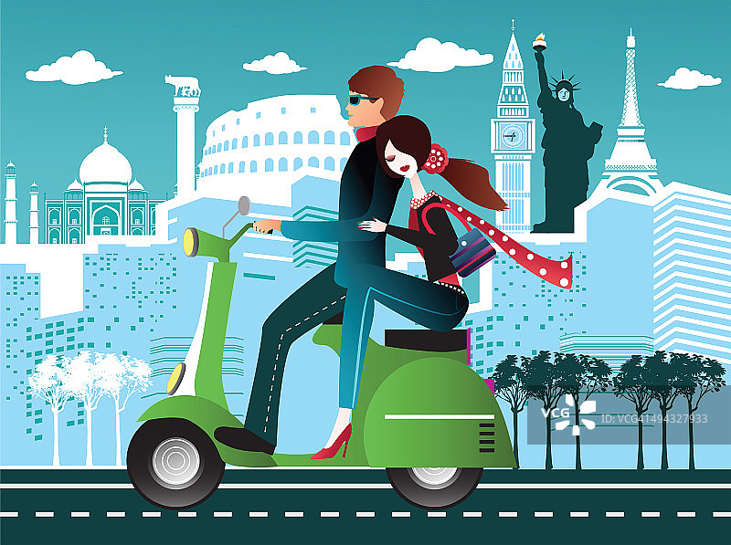 情侣骑着摩托车，背景是一些国际旅游景点图片素材