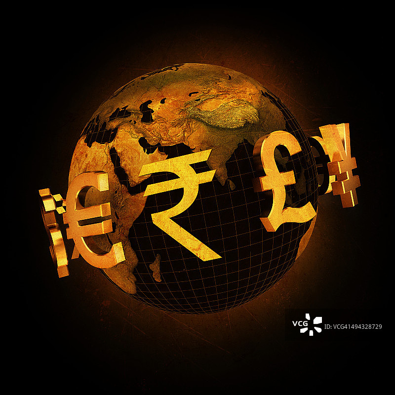 黑色背景上环绕地球的全球货币图片素材