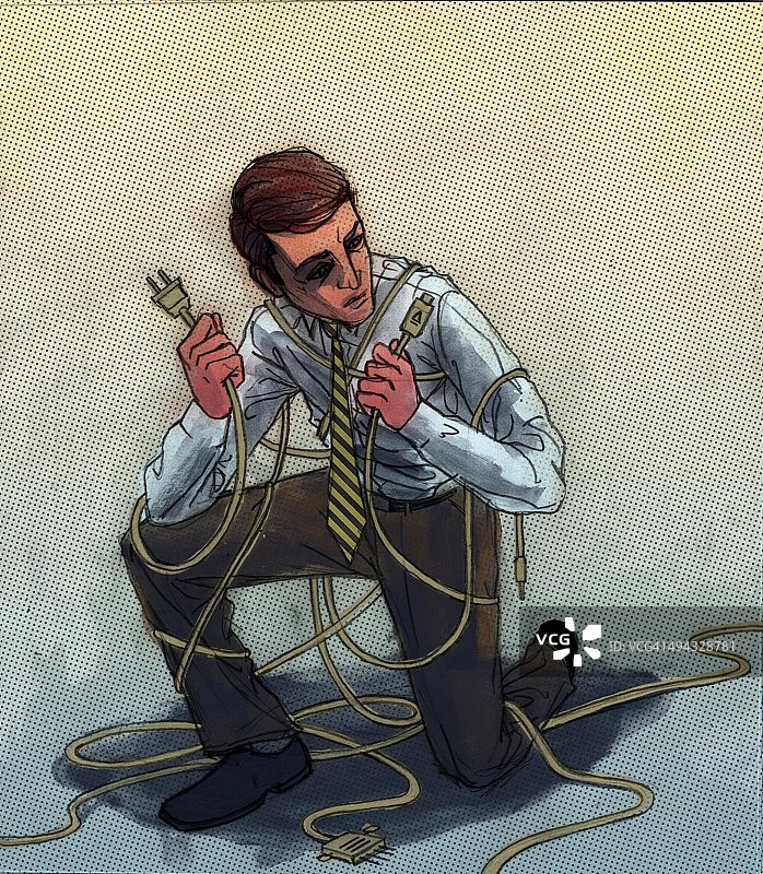 技术员被电线缠绕描绘技术困难的概念插画图片素材