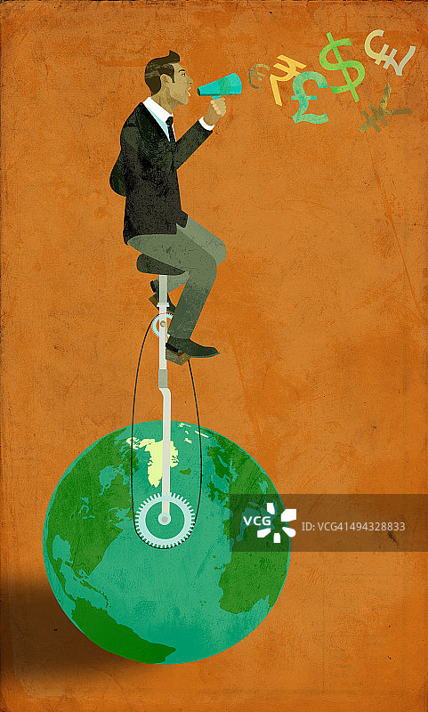 站在地球上用扩音器呼喊的商人，代表商业全球化图片素材