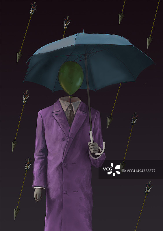 人体模型在箭雨下撑伞的概念插图，描绘了精神囚徒图片素材