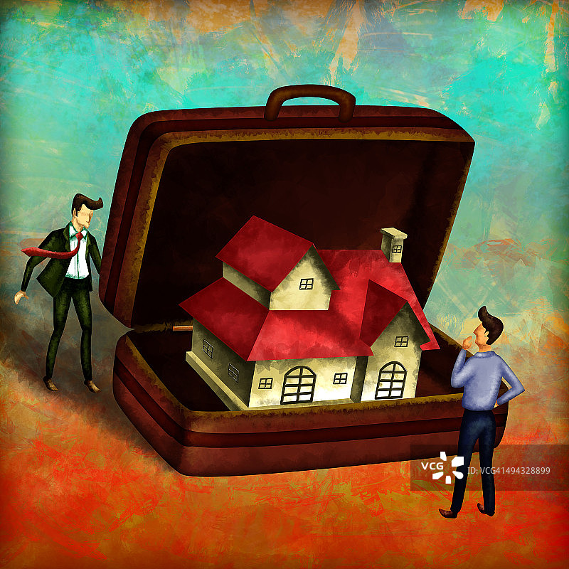 手提公文包中带有模型房的房地产服务人员插画图片素材